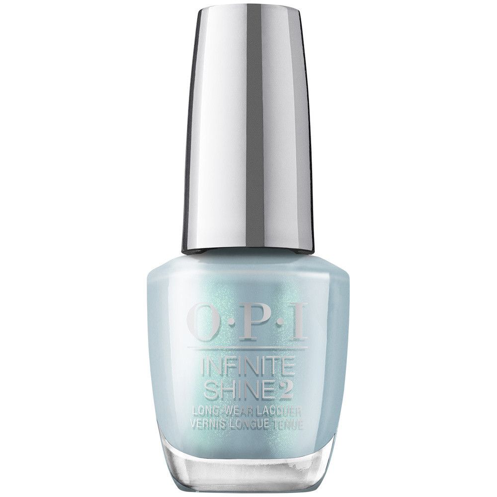 Vernis à ongles bleu clair dans un flacon en verre avec un bouchon argenté. "OPI Infinite Shine 2" est écrit sur le flacon.