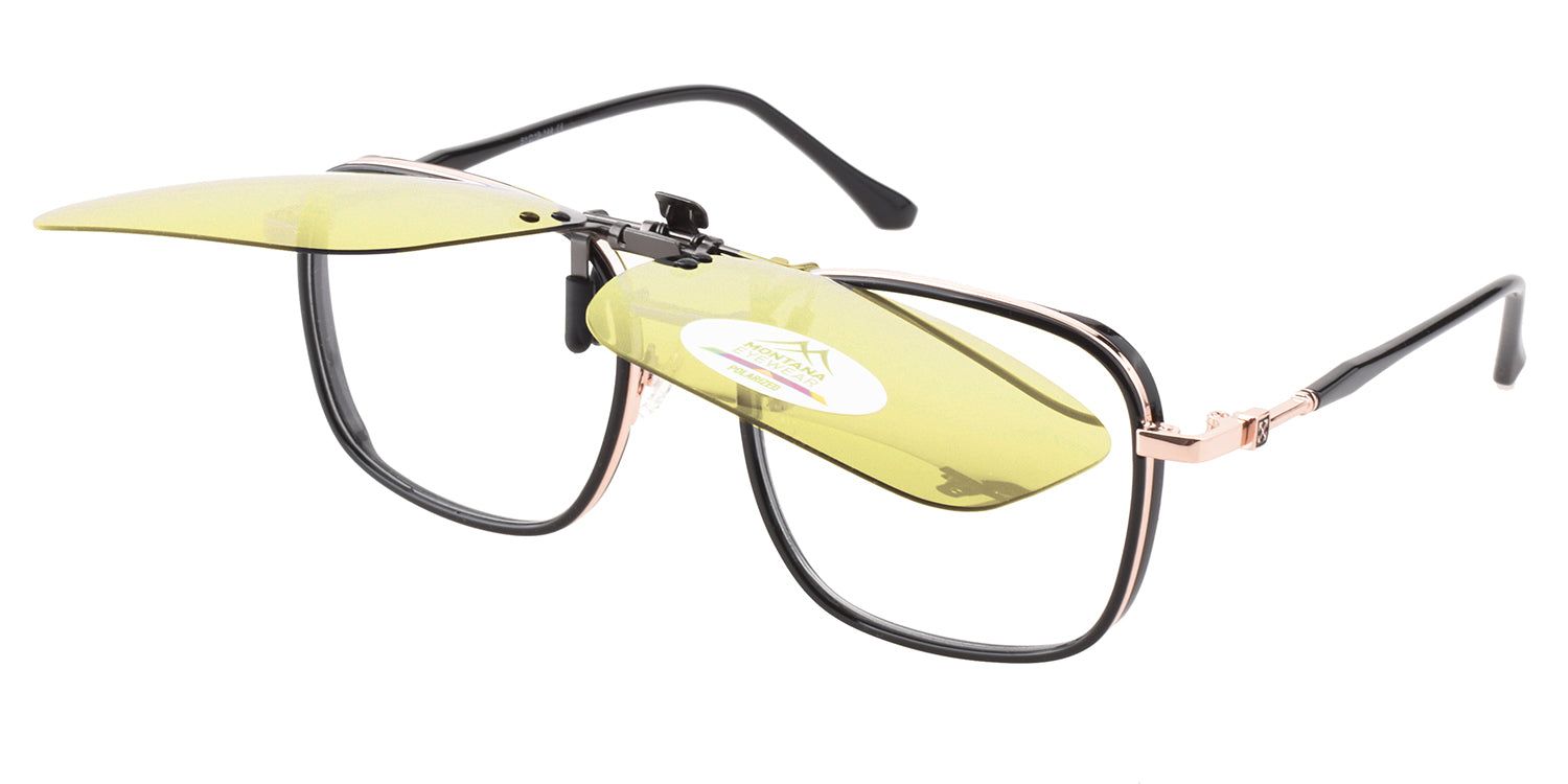 Lunettes de soleil clip-on Montana Eyewear Tofino, verres jaunes, monture noire, relevées. Logo Polarized.