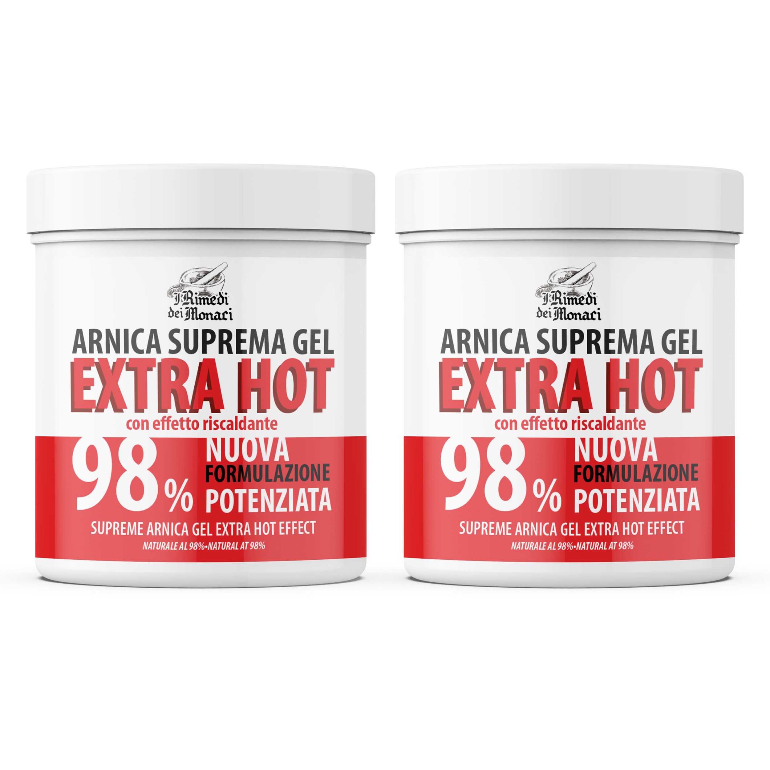 Twee witte potten met rode tekst. Opschrift: Arnica Suprema Gel Extra Hot, 98%. Nieuwe formulering, Supreme Arnica Gel Extra Hot Effect.