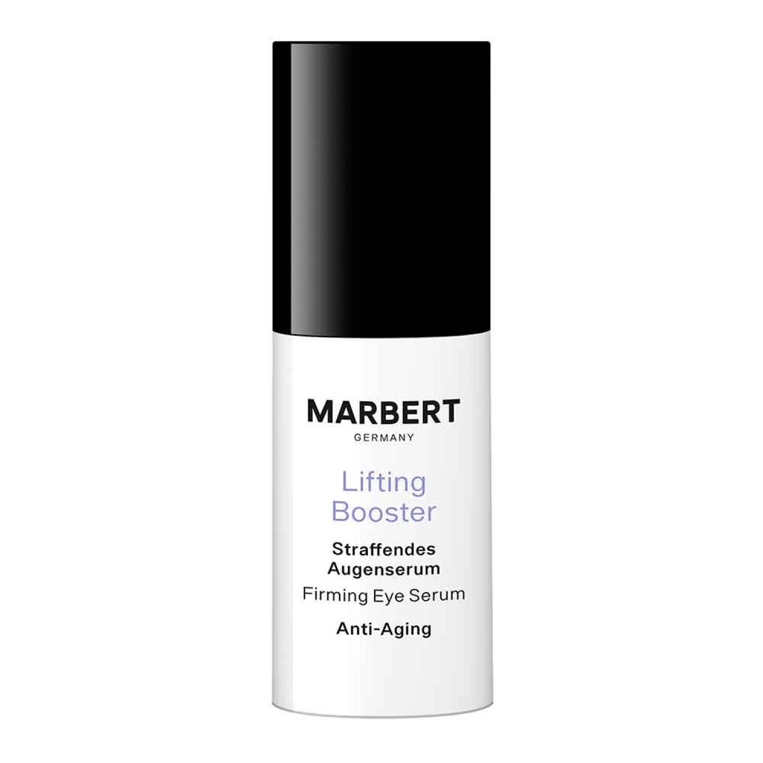 Cilindrisch oogserum van Marbert. Zwarte dop, witte fles met tekst: Lifting Booster, Straffendes Augenserum, Firming Eye Serum, Anti-Aging.