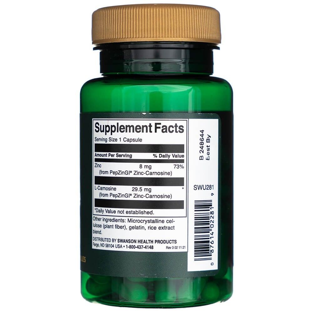 Achterkant van een groene pot Swanson Zink Carnosine, Supplement Facts, 60 capsules.