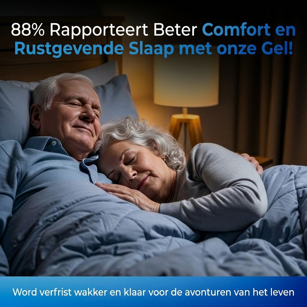 Ouder echtpaar in bed. Tekst: 88% meldt beter comfort en rustgevende slaap. Hemp Help Natural Cosmetics.