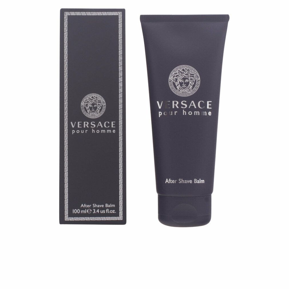 Donkerblauwe tube en doos. Opschrift: VERSACE pour homme, After Shave Balm. Zilveren logo en tekst.