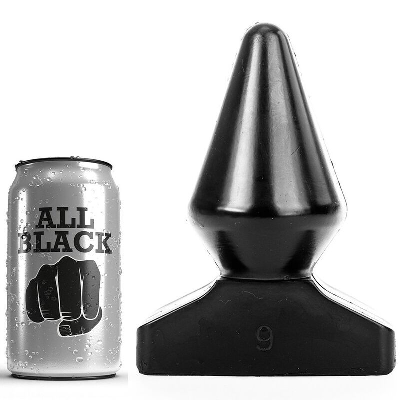 Bouchon anal noir en forme de cône à côté d'une canette avec le logo "All Black".