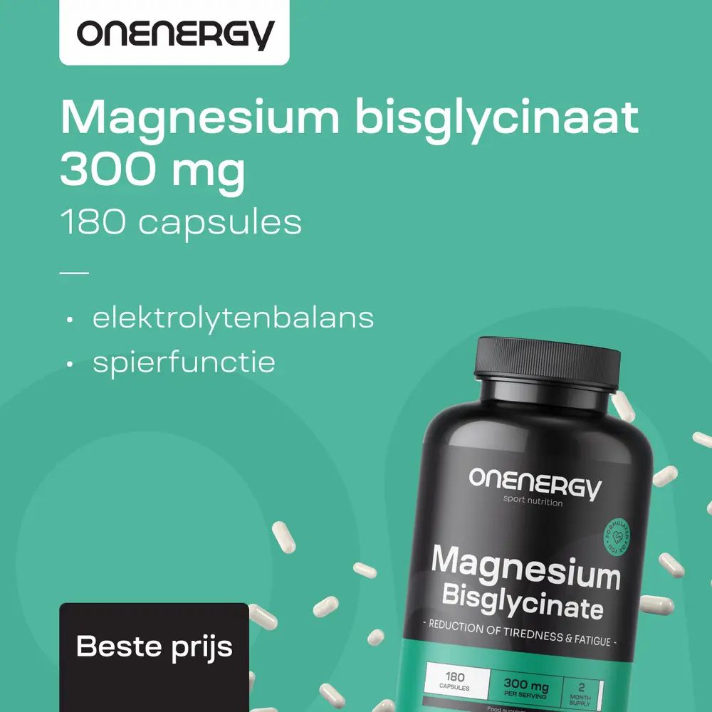 Onenergy Magnesiumbisglycinaat 300 mg, 180 capsules. Fles en capsules. Tekst: elektrolytenbalans, spierfunctie.