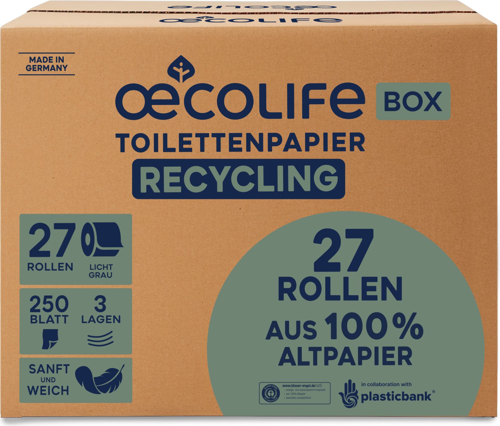 Oecolife Recycling Toiletpapier Box: 27 rollen, 250 vel, 3 lagen, van 100% oud papier.
