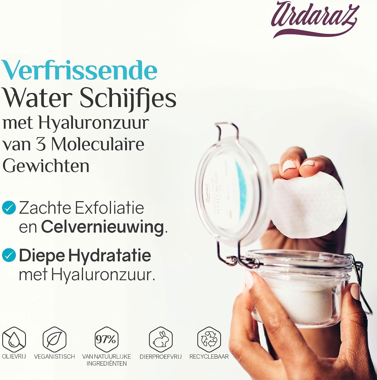 Ardaraz Peeling-pads: Glazen pot, kartonnen doos en een losse pad.