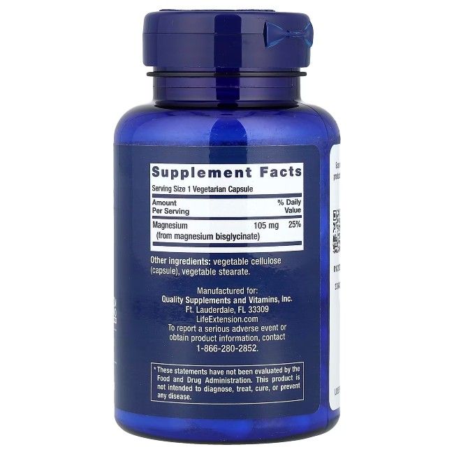 Dos de la bouteille Life Extension Magnesium Glycinate avec informations nutritionnelles.
