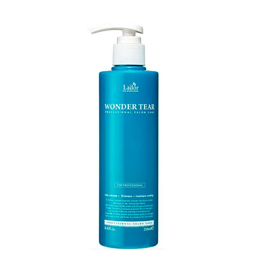 Bouteille bleu sarcelle avec pompe, inscription "Lador Wonder Tear Professional Salon Care", 250ml.