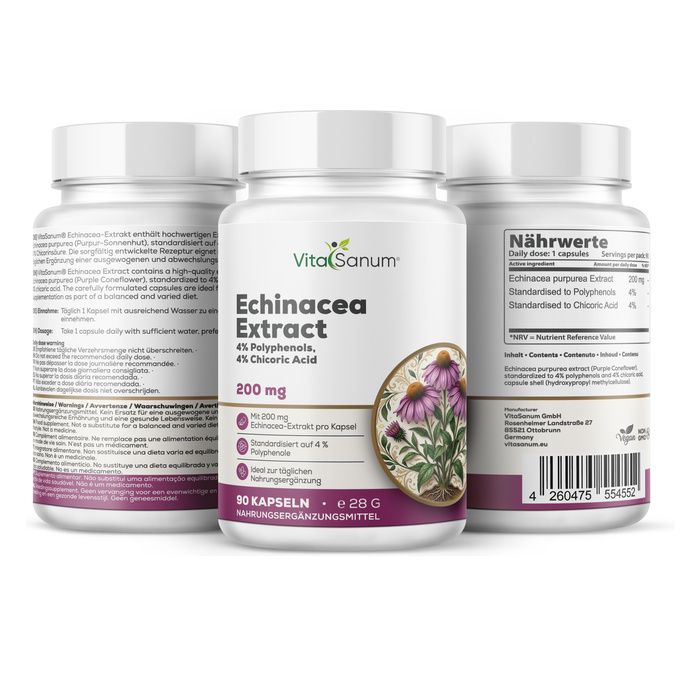Drie flacons VitaSanum Echinacea Extract capsules, 200 mg. Eén flacon toont het etiket met details.