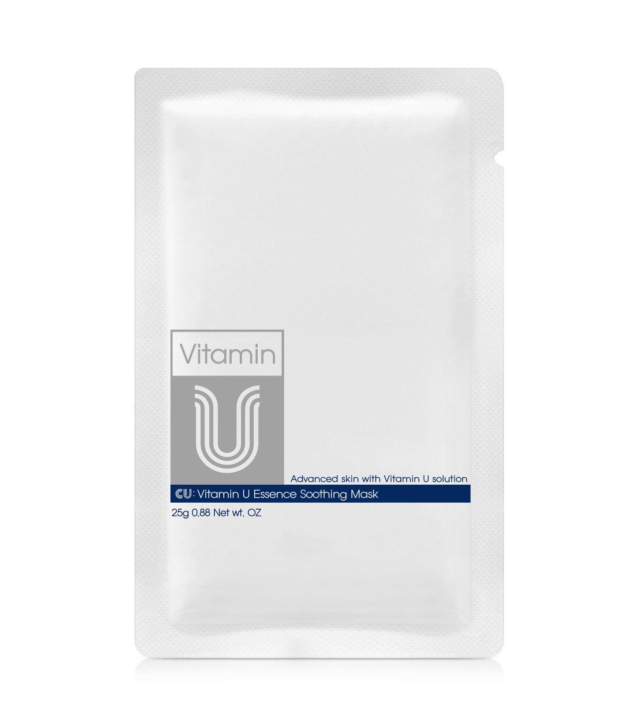 Verpakking CUSKIN Vitamin U Essence Soothing Mask. Wit zakje met productinfo en logo.