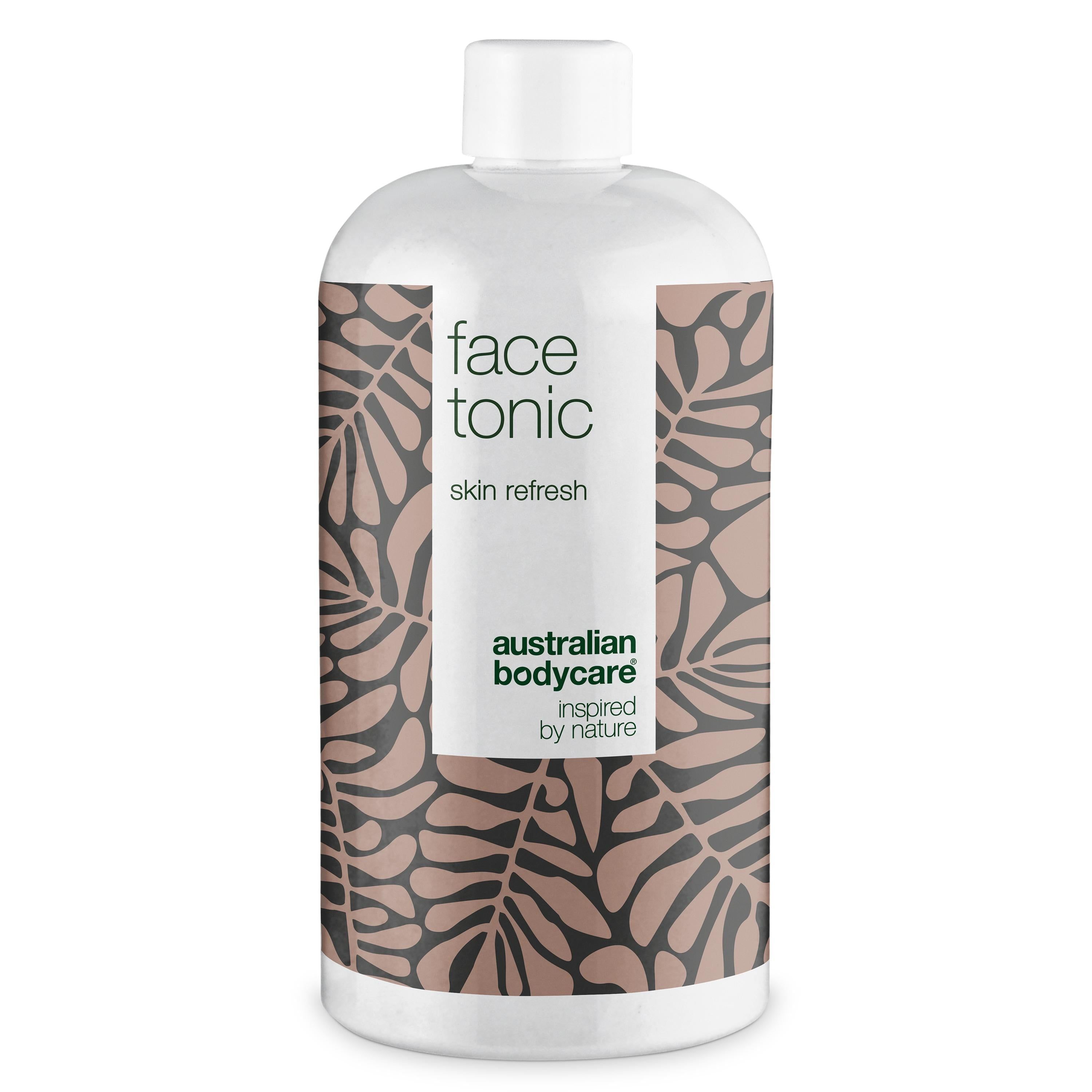Flacon blanc avec motif de feuilles marron. Inscription : face tonic, skin refresh, Australian Bodycare.
