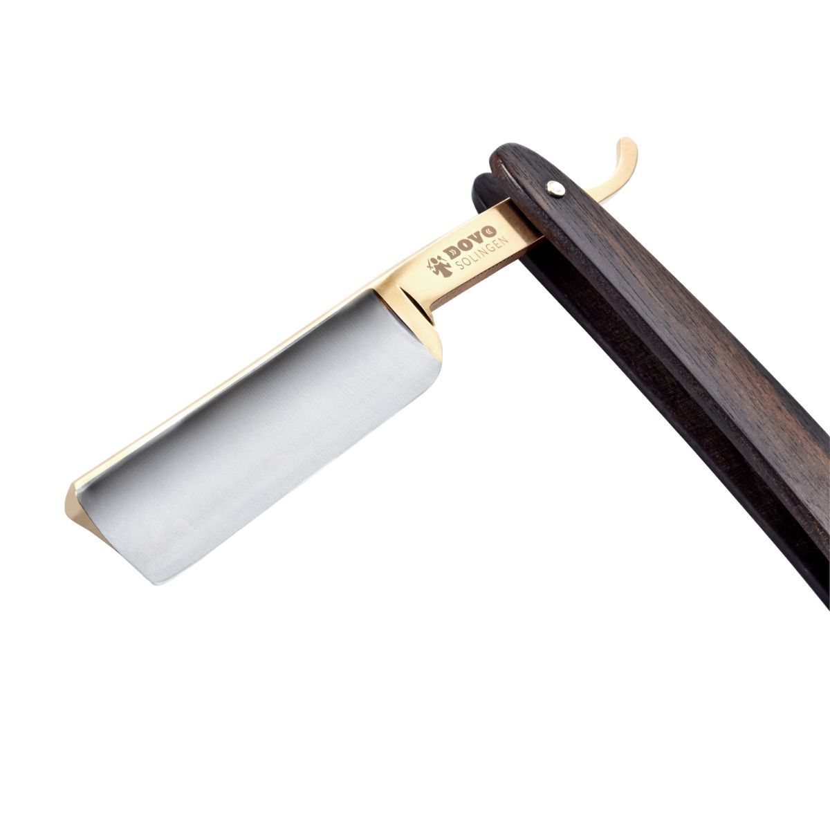 Scheermes met houten handvat. Metalen lemmet, gouden rug. DOVO Solingen logo zichtbaar.