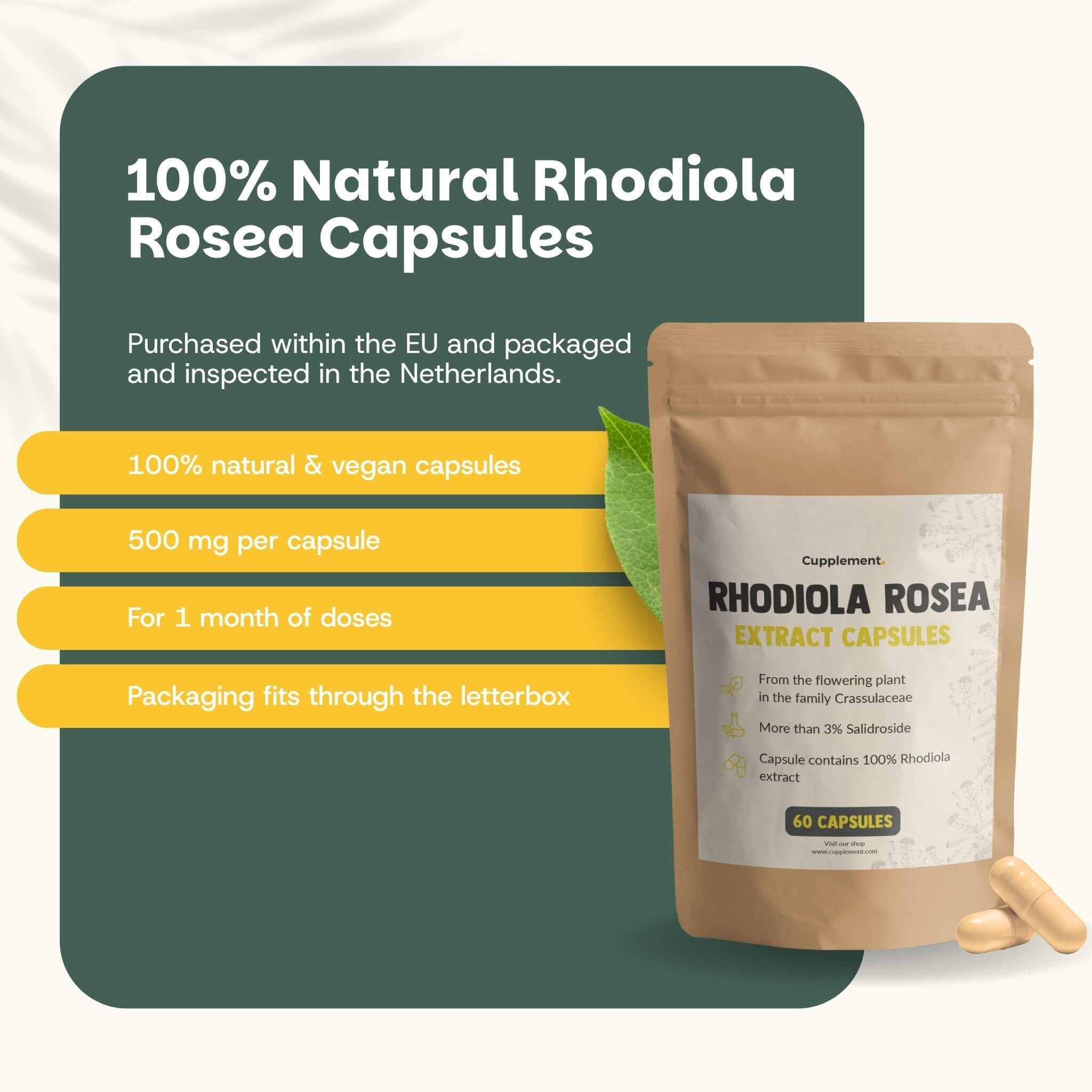 Sachet de gélules Cupplement Rhodiola Rosea. Texte : Gélules 100% naturelles et végétaliennes, 500 mg par gélule, pour 1 mois.