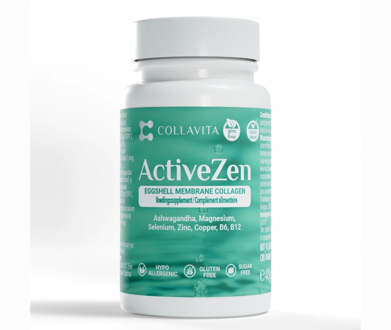 Witte fles ActiveZen. Tekst: Eierschaalmembraan collageen. Ashwagandha, Magnesium, Selenium, Zink, Koper, B6, B12. Hypoallergeen, glutenvrij.