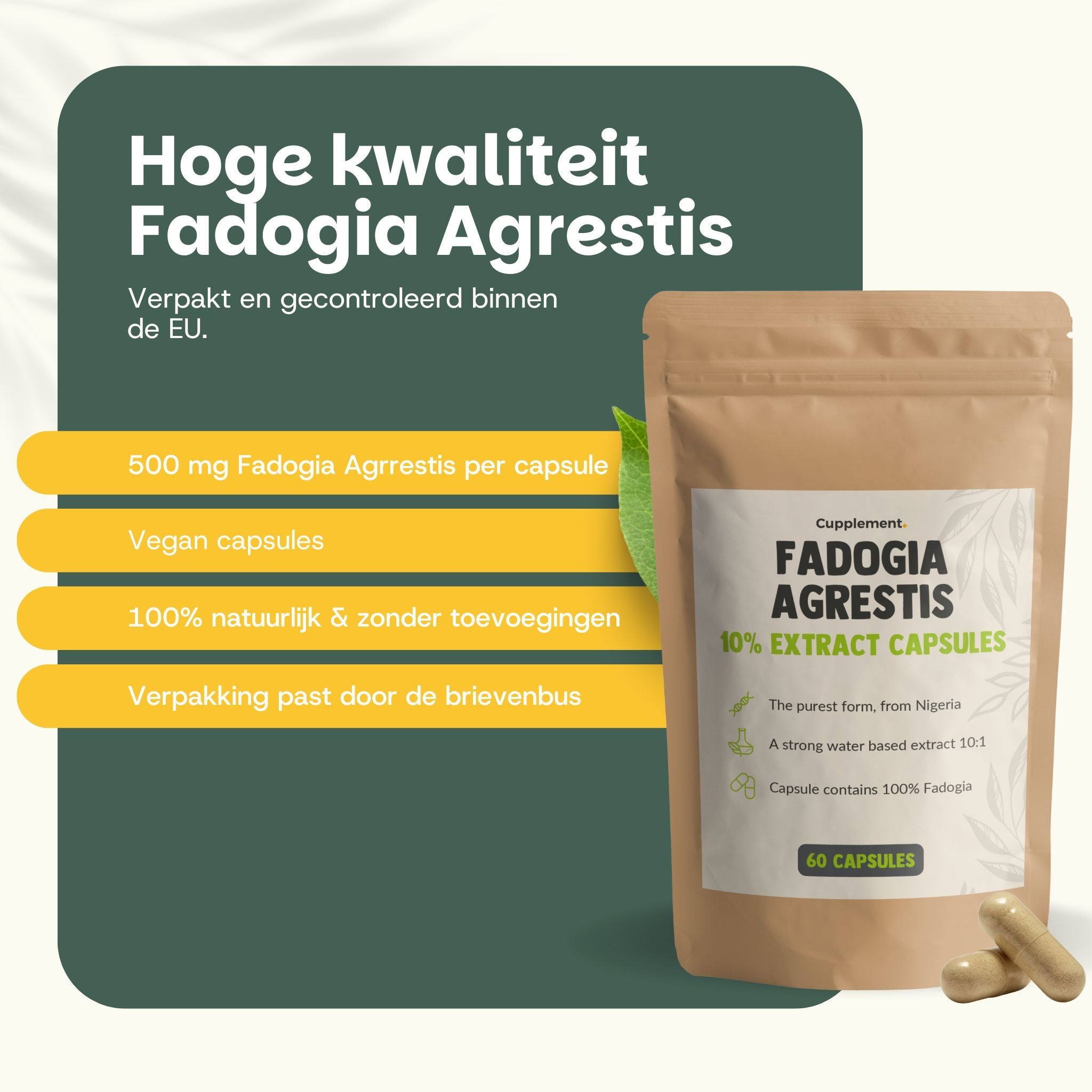 Zakje met 60 capsules. Opschrift: Fadogia Agrestis 10% Extract Capsules. 500 mg per capsule.