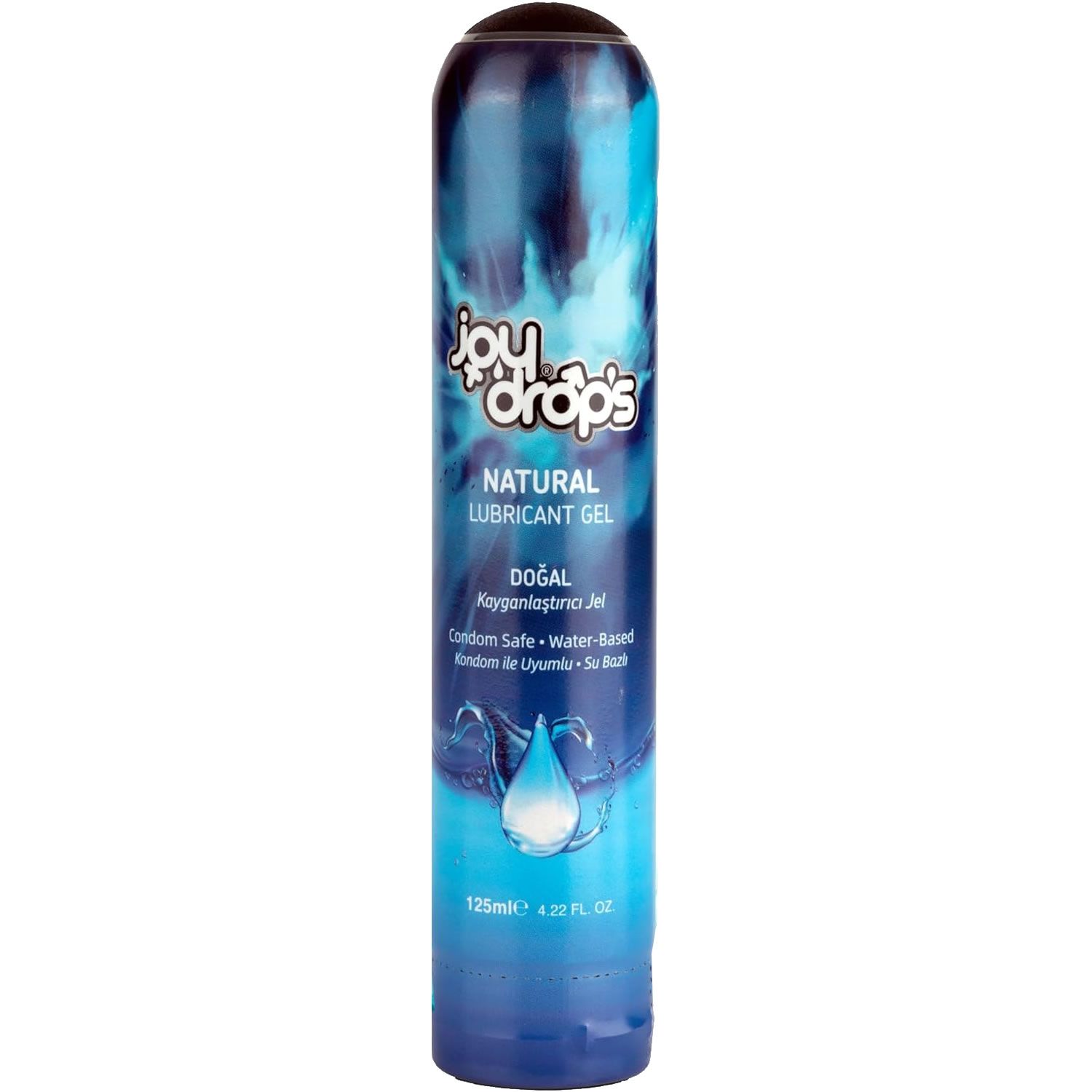 Flacon de gel lubrifiant naturel Joydrops, bleu avec design de goutte d'eau. À base d'eau, compatible avec les préservatifs.