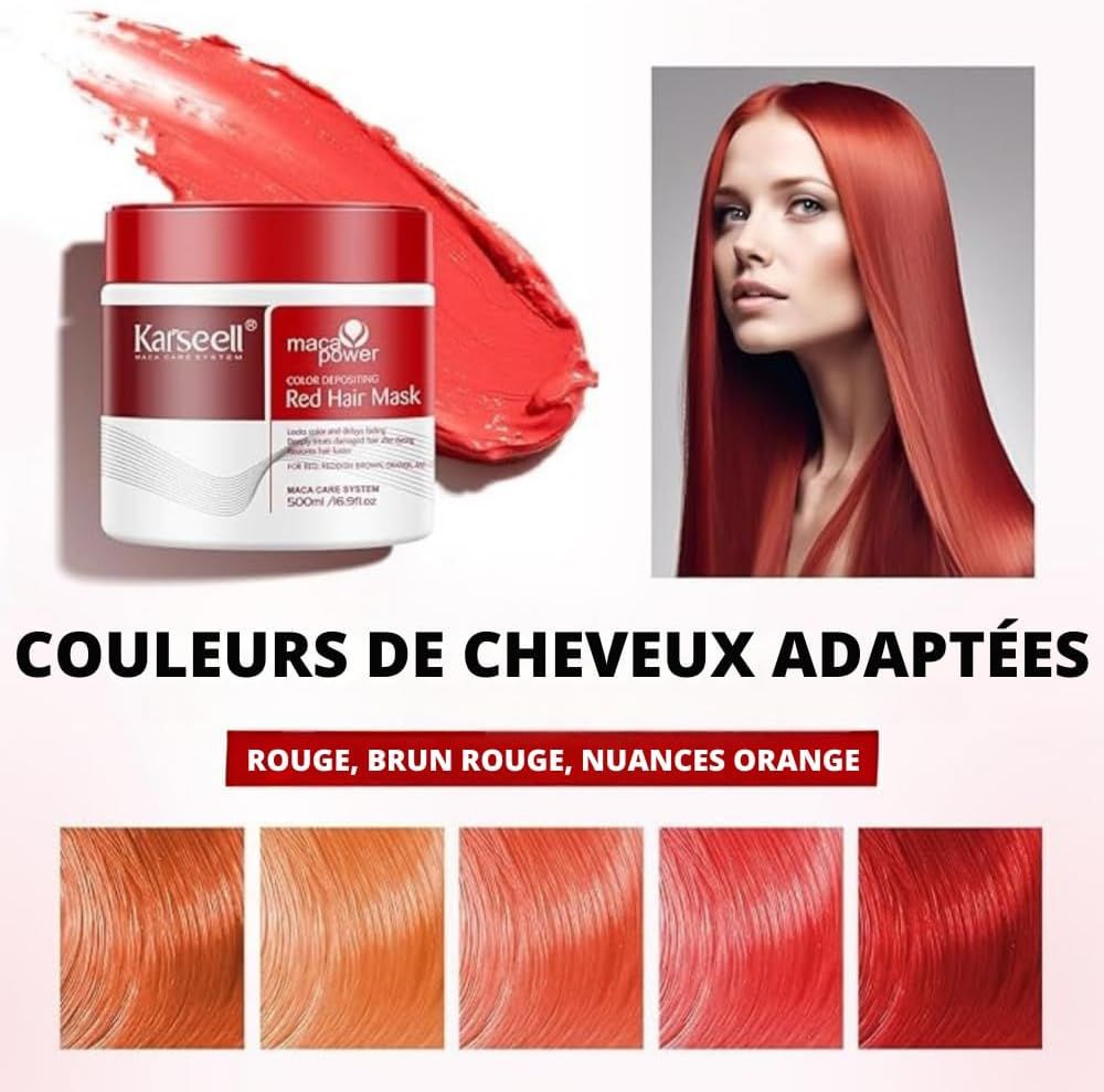 Masque capillaire rouge Karseell, à côté d'une femme aux longs cheveux rouges.