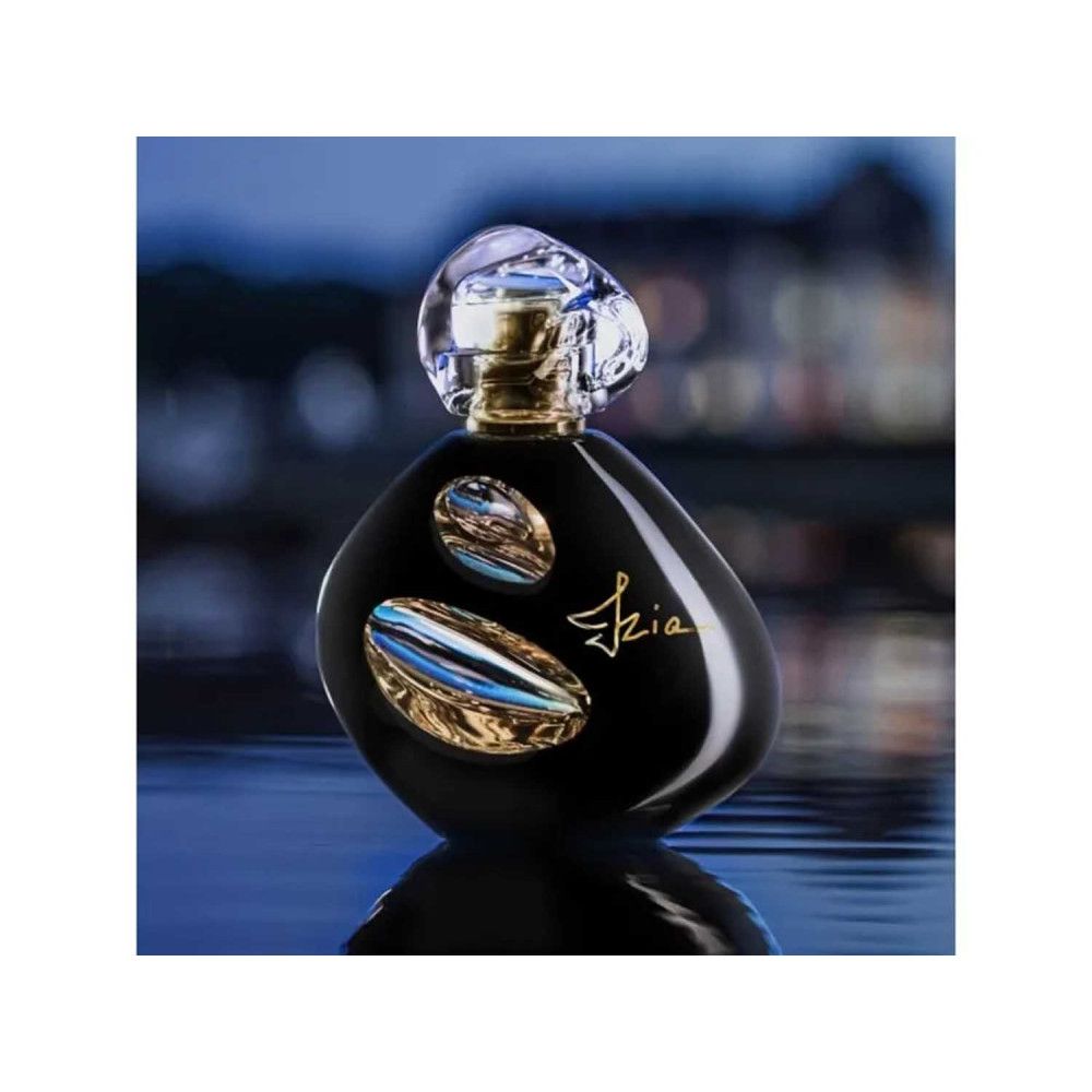 Flacon noir avec détails dorés et bouchon transparent. Sur fond bleu.