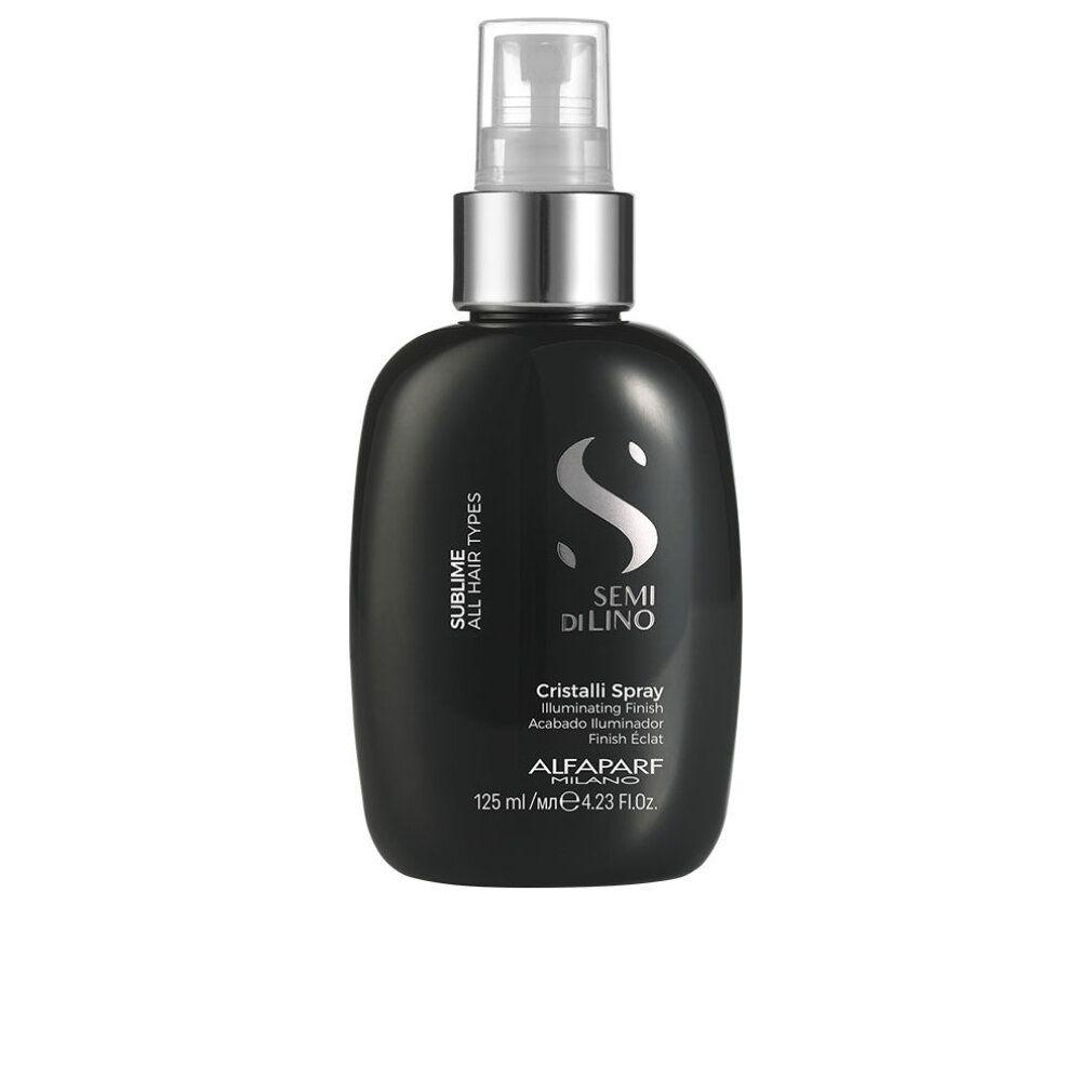Zwarte spuitfles met zilveren dop. Bevat Semi di Lino Cristalli Spray.