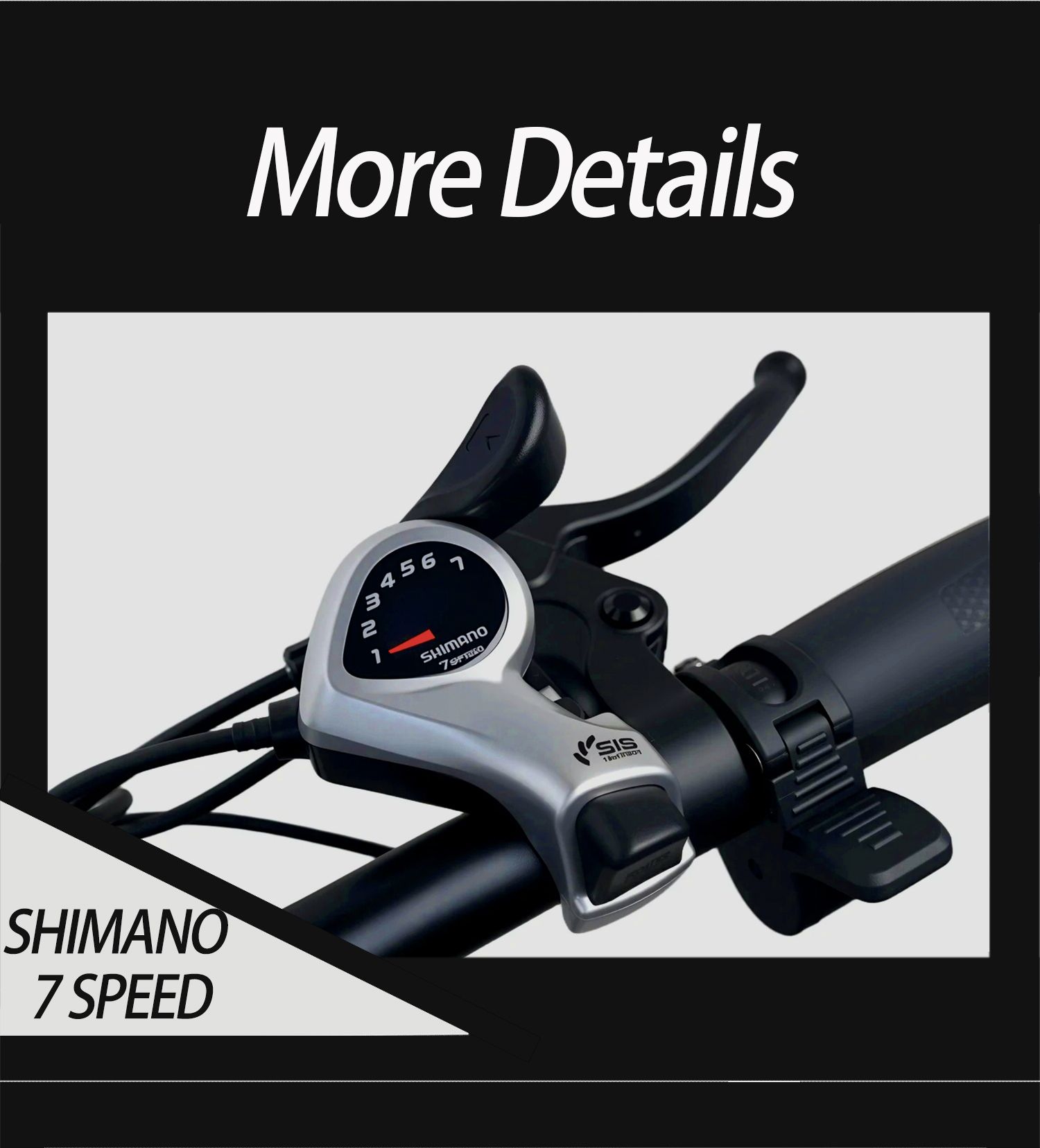 Guidon de vélo avec changement de vitesse Shimano à 7 vitesses. Poignées noires. Texte "More Details" et "SHIMANO 7 SPEED".