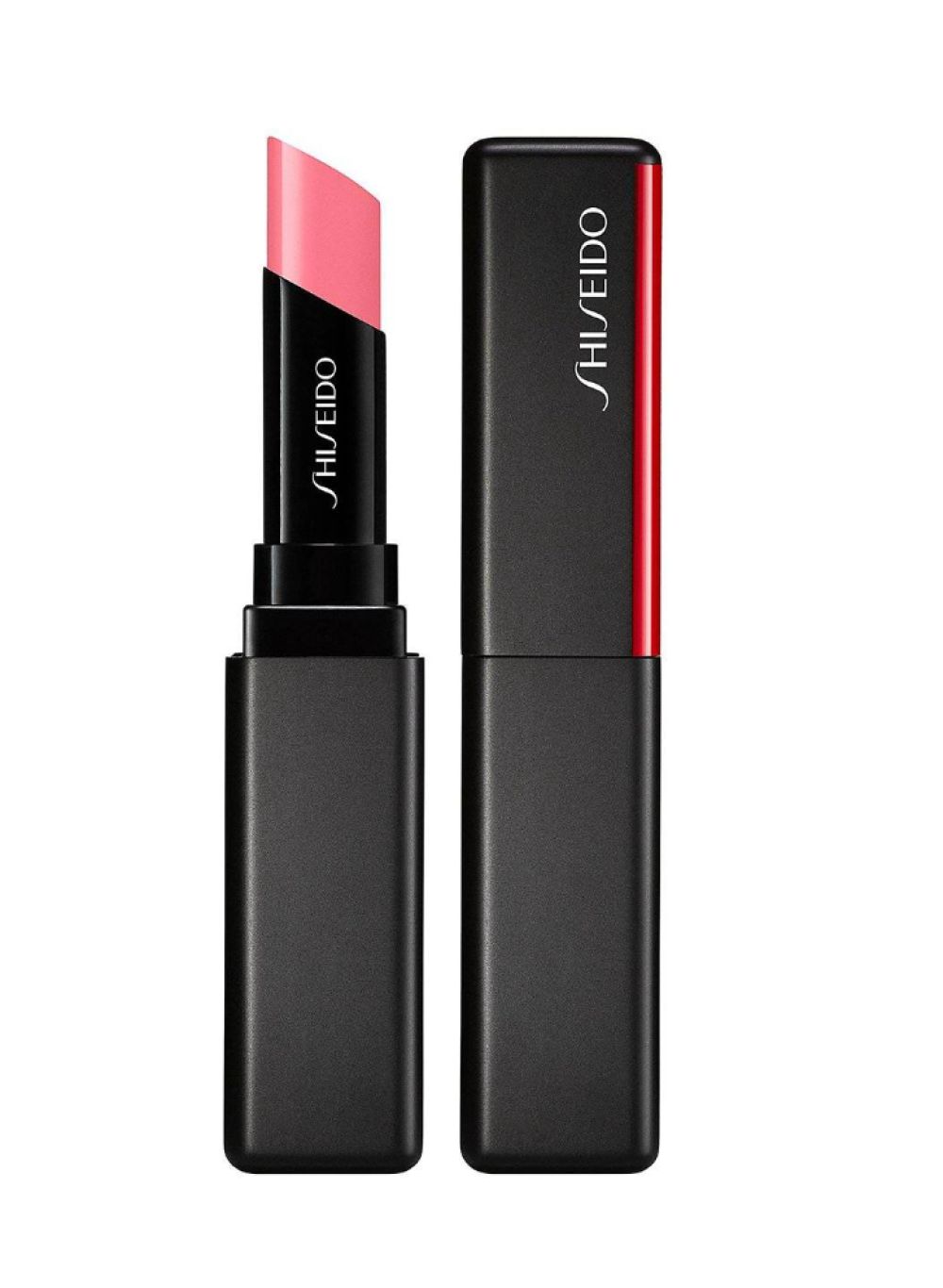 Rouge à lèvres Shiseido ouvert, rose. Boîtier noir avec accent rouge. Boîtier fermé à côté. Logo Shiseido visible.