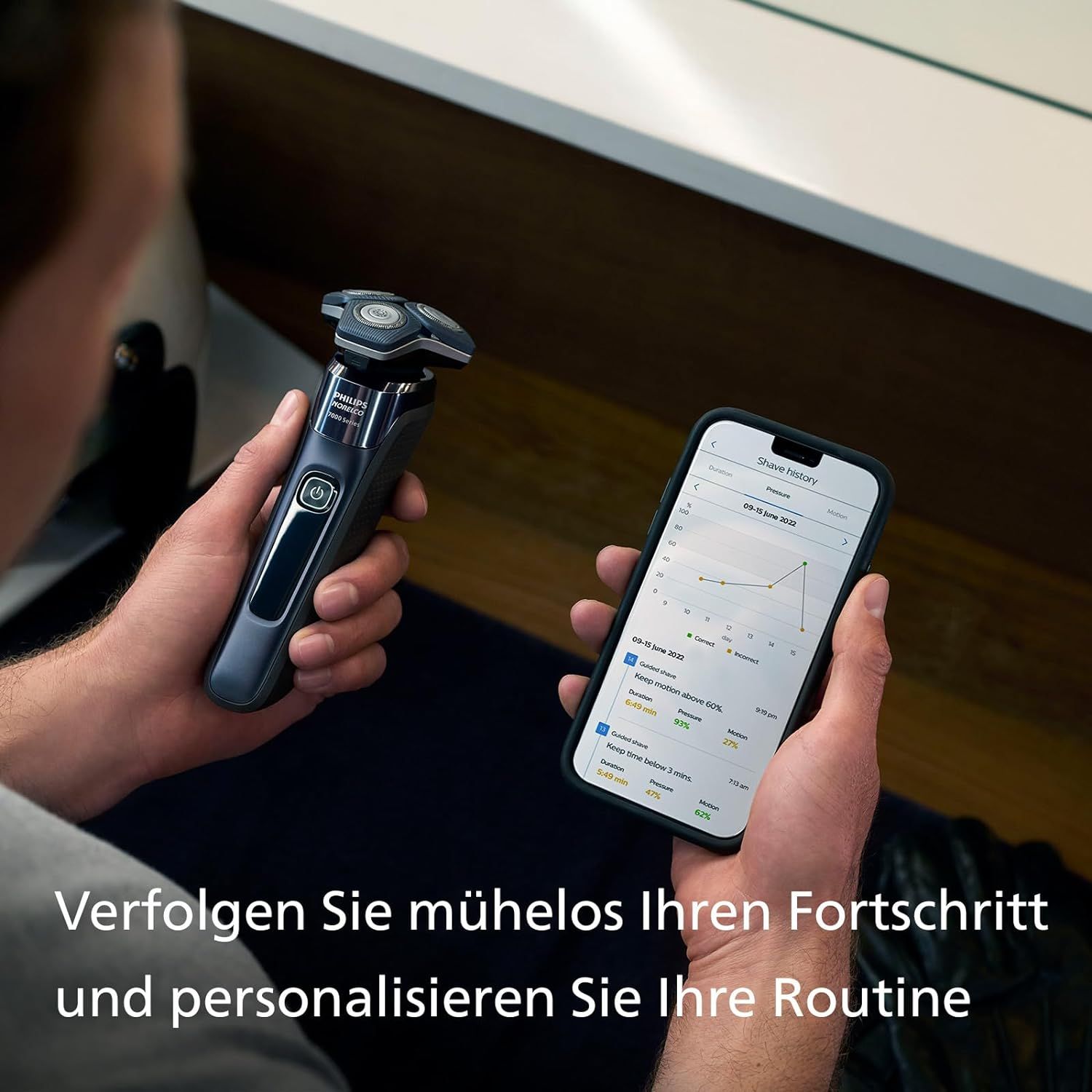 Homme tenant un rasoir et un smartphone. Texte : Suivez facilement vos progrès et personnalisez votre routine.