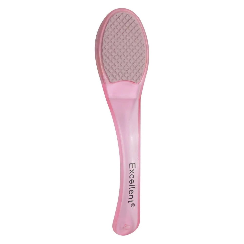 Roze eeltrasp met handvat. Het raspgebied is ovaal en heeft een ruw oppervlak. Het handvat draagt de tekst "Excellent".