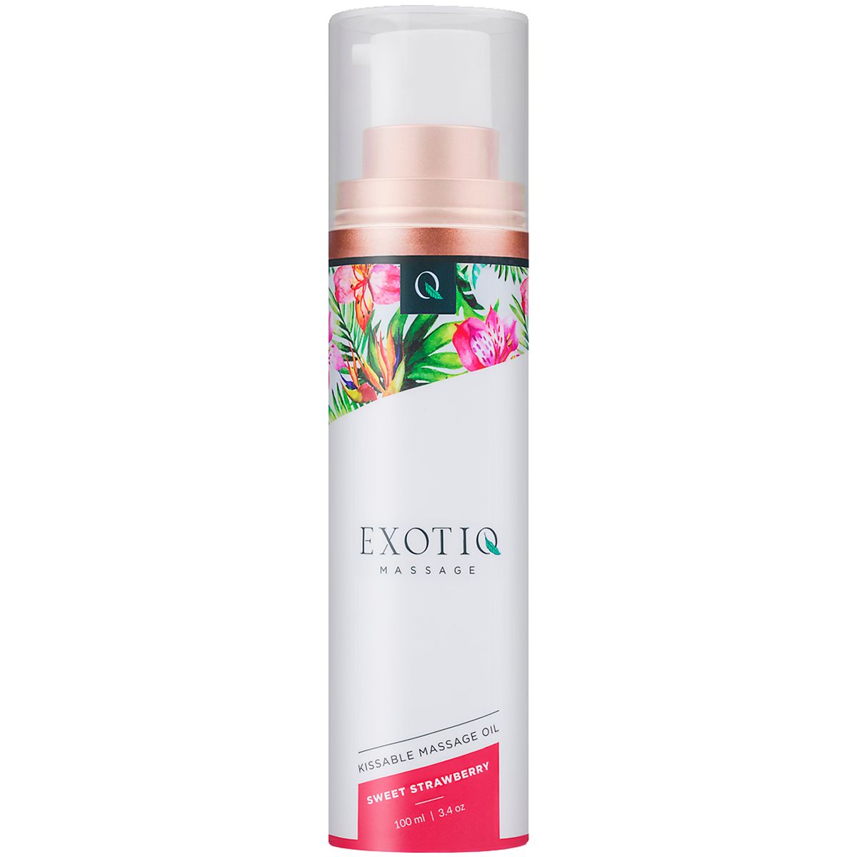 Witte en roze fles met bloemenpatroon. Opschrift: EXOTIQ Massage, Kissable Massage Oil, Sweet Strawberry. Met pomp en dop.