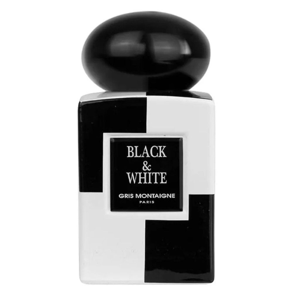 Flacon à carreaux noirs et blancs avec bouchon noir. Inscription "BLACK & WHITE" et "Gris Montaigne PARIS".