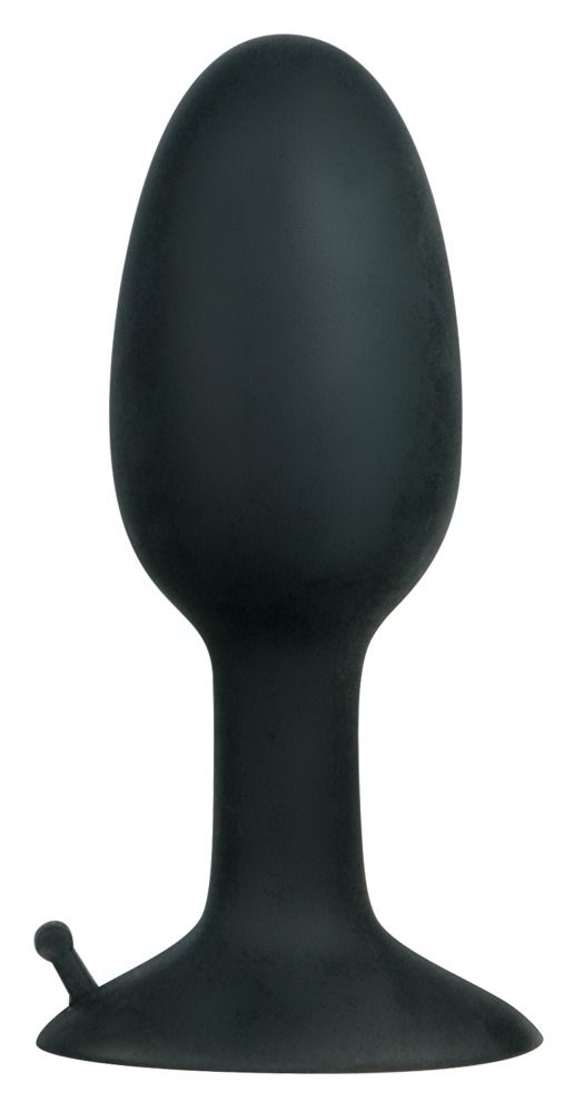 Butt-plug noir en silicone avec large base ventouse et petite poignée.