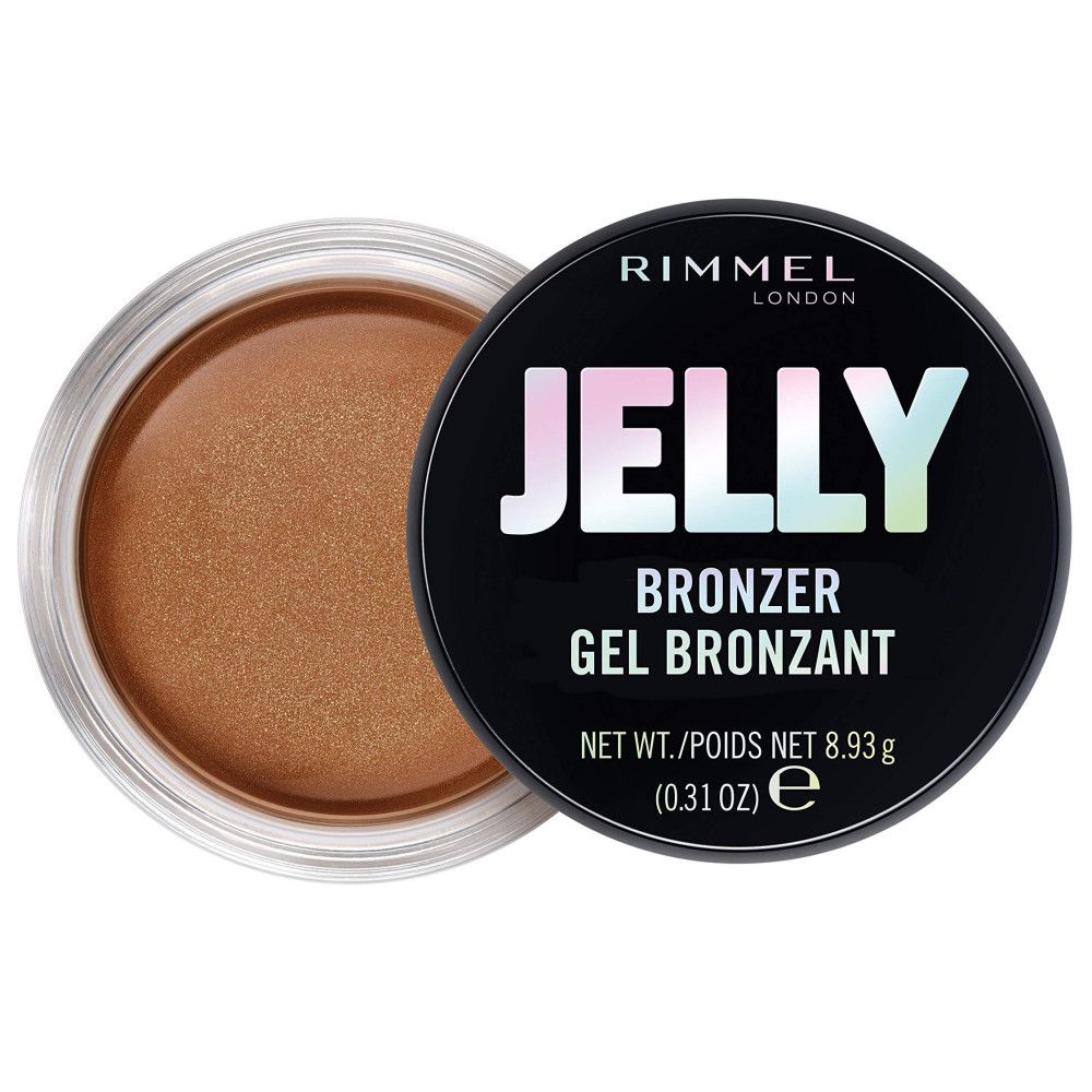 Pot ouvert de bronzer gel marron. Couvercle noir avec texte blanc: JELLY, BRONZER, GEL BRONZANT. Marque: Rimmel.