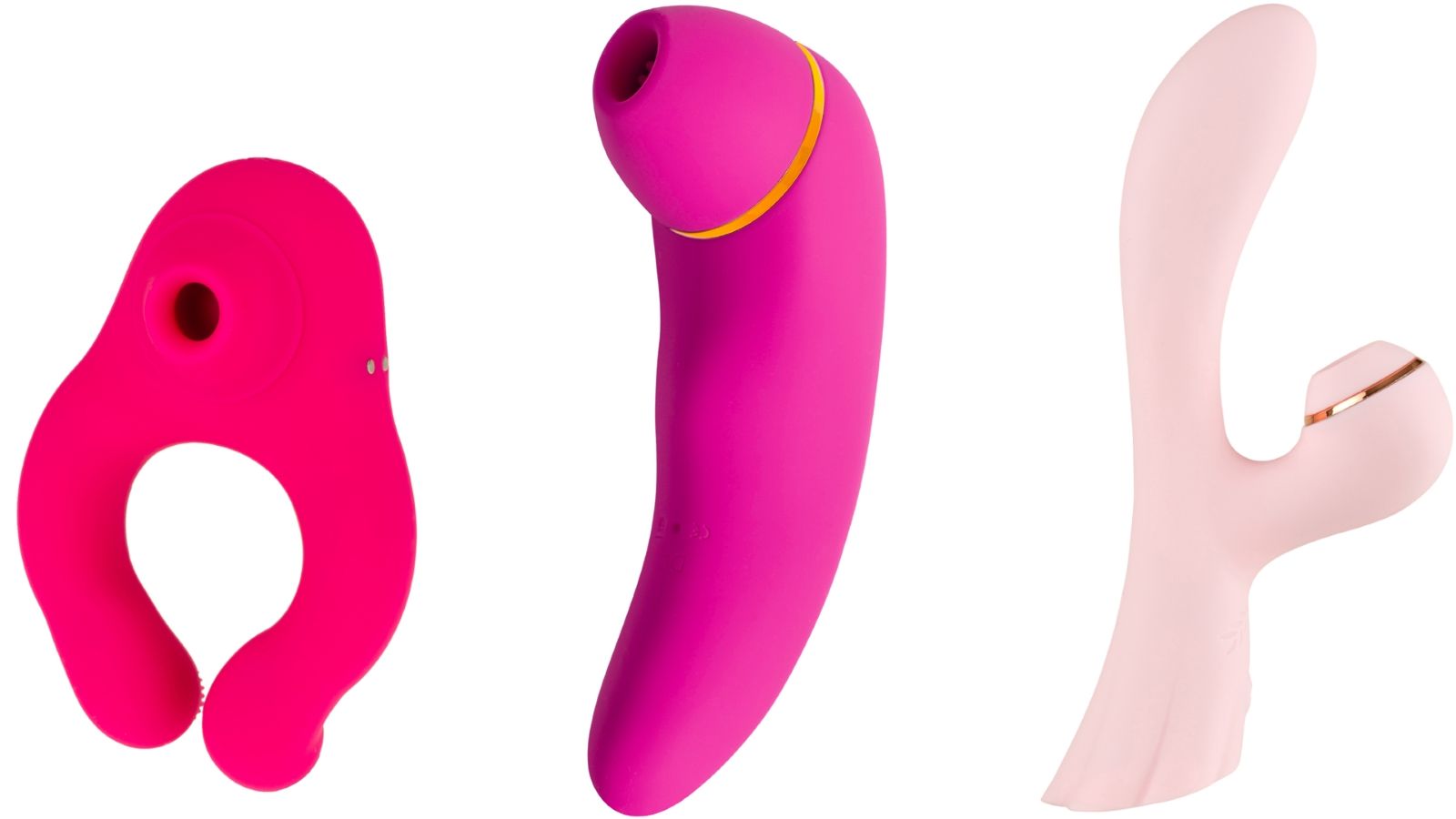 Trois jouets sexuels : en forme d'anneau, incurvé et courbé. Rose et rose clair.