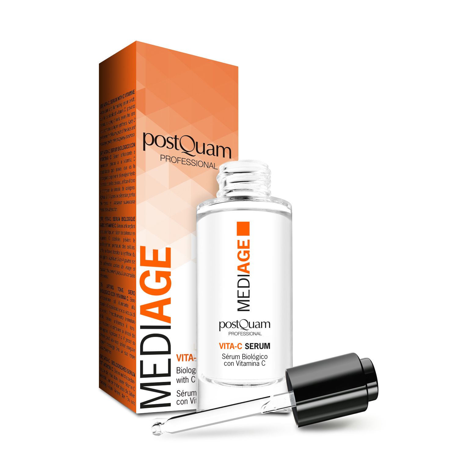 Serumfles met pipet en verpakking. Opschrift: Mediage, Vita-C Serum, Serum Biologico con Vitamina C.