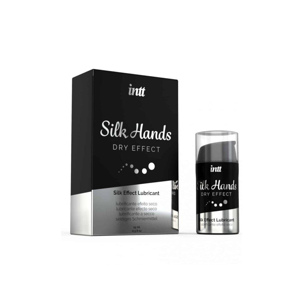 Lubrifiant Intt Silk Hands Dry Effect et son emballage. Bouteille avec distributeur.
