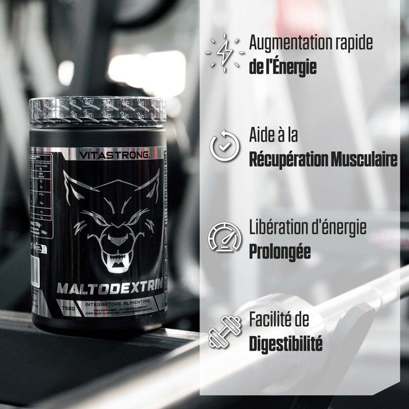 Pot maltodextrine naast fitnessapparatuur. Tekst: Snelle energie, spierherstel, energie, spijsvertering.