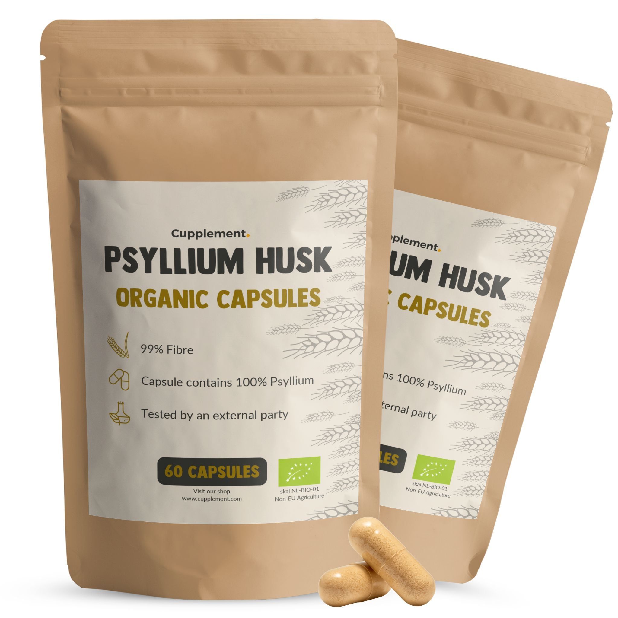 Twee zakjes Cupplement - BIO Flohsamenschalen capsules. Opschrift: PSYLLIUM HUSK ORGANIC CAPSULES. 60 capsules.