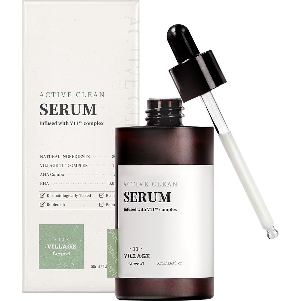 Serumfles met pipet en verpakking. Opschrift: ACTIVE CLEAN SERUM, Village 11 Factory.