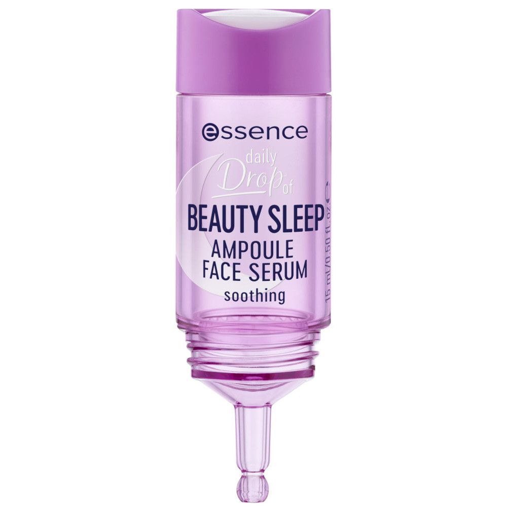 Ampul gezichtsserum. Paarse fles met witte dop en applicator. Opschrift: Essence, Beauty Sleep, Ampoule Face Serum.