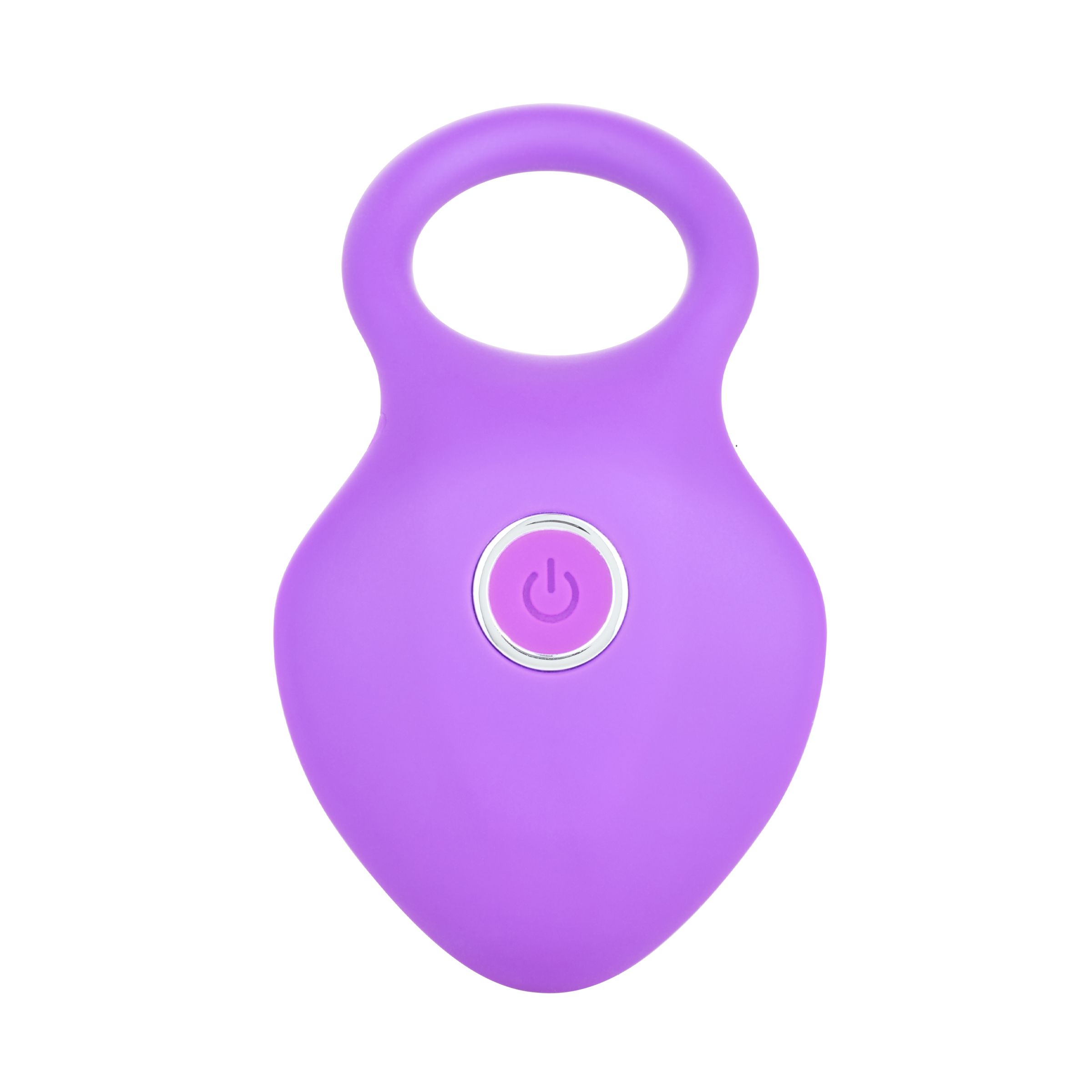Vibrateur violet avec poignée en anneau et un bouton marche/arrêt.