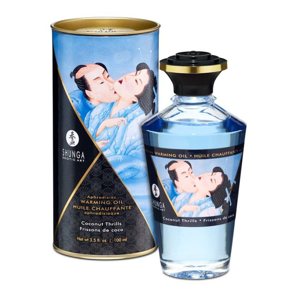 Flacon et boîte cylindrique bleus. Inscription: Shunga, Warming Oil, Coconut Thrills.