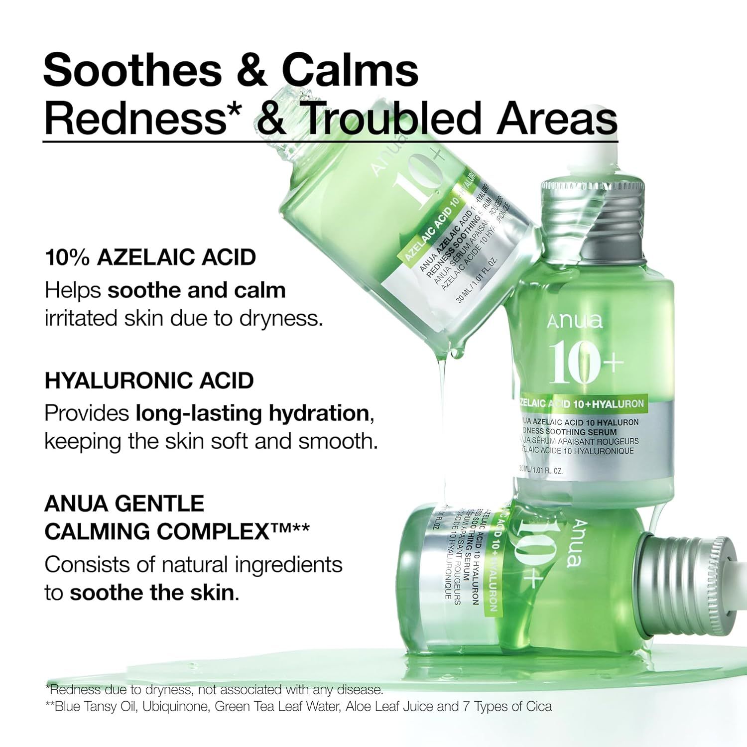 Sérum Anua Azelaic Acid 10 Hyaluron : flacons empilés, avec texte sur les ingrédients.