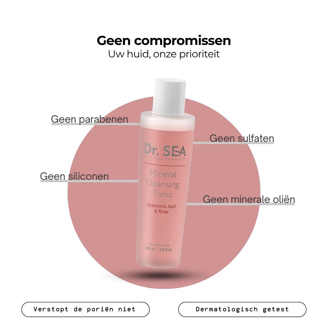 Roze tonic fles met tekst. Opschrift: Dr. Sea, Mineral Cleansing Tonic, Hyaluronzuur & Roos. 200 ml. Tekst over voordelen.