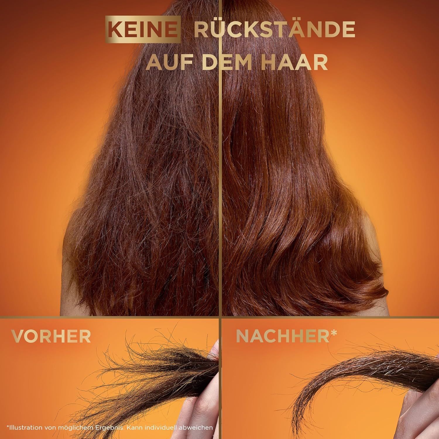 Comparaison : effet avant-après. Cheveux avec pointes fourchues vs. cheveux lisses. Texte : Pas de résidus sur les cheveux.