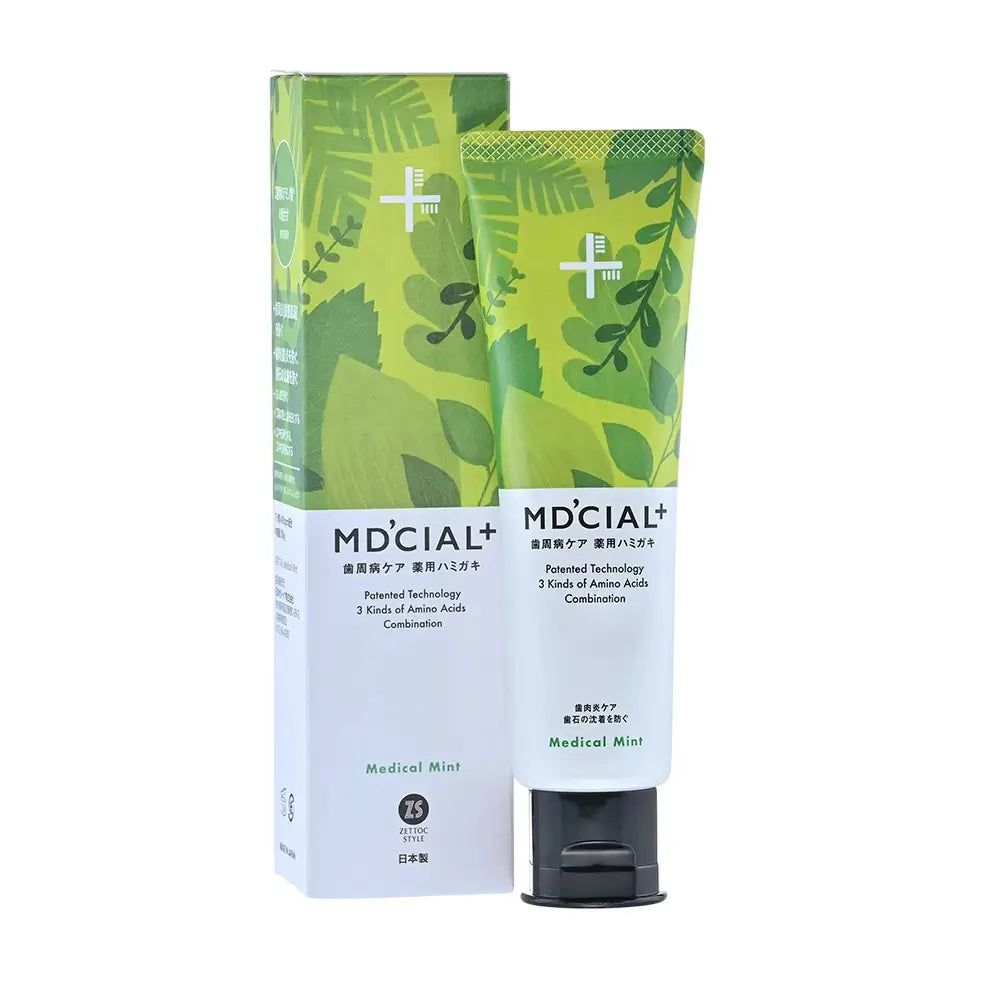 Tube de dentifrice MD'CIAL+ avec emballage. Design vert, inscription Medical Mint. Bouchon noir. Emballage avec logo.