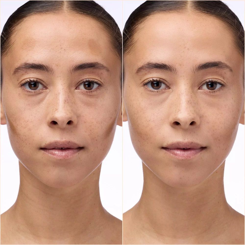 Twee gezichten naast elkaar. Links: gezicht met make-up. Rechts: gezicht met make-up. Beide vrouwen hebben bruine ogen.