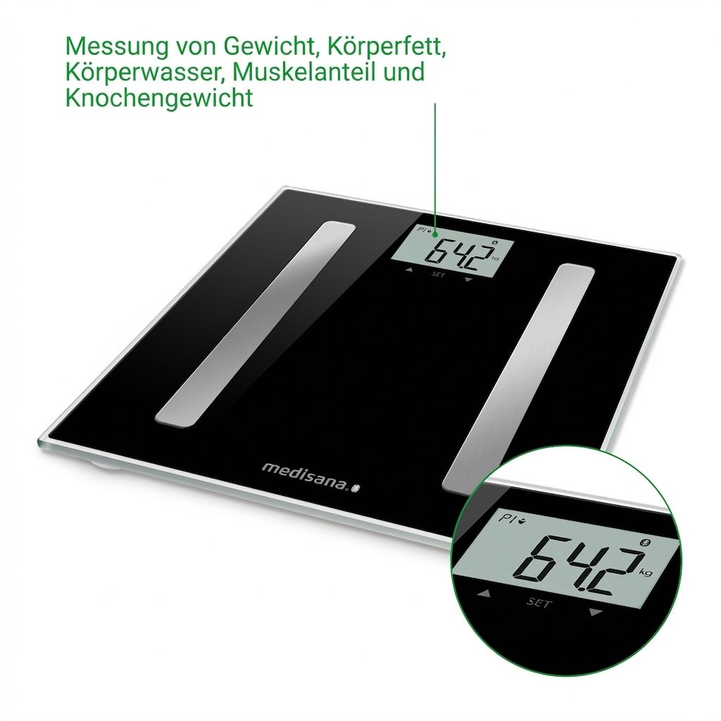 Zwarte lichaamsanalyseweegschaal met zilveren elektroden. Close-up van LCD-display toont '64.2'.