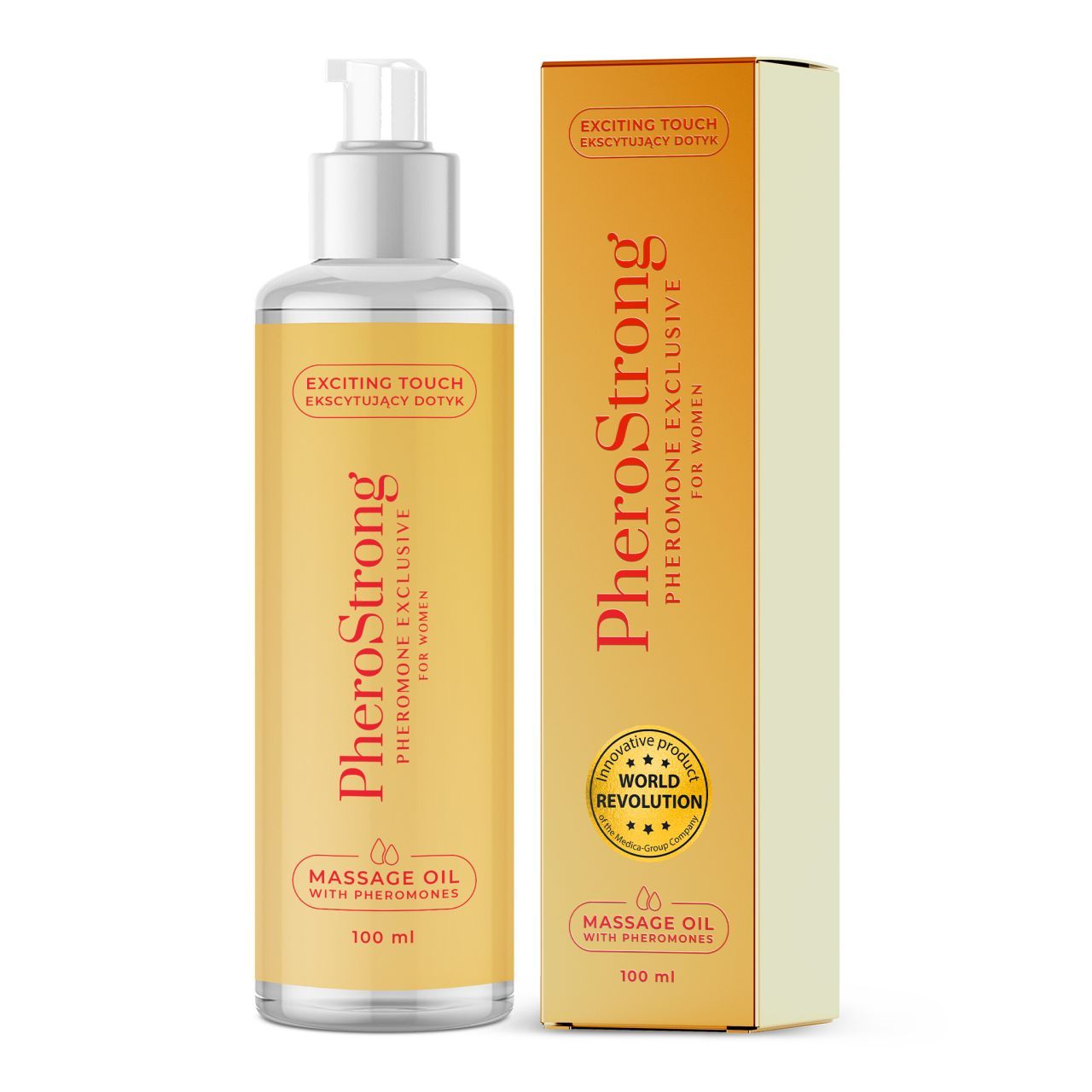 Flacon d'huile de massage PheroStrong avec pompe et boîte d'emballage. Huile douce et florale avec phéromones.