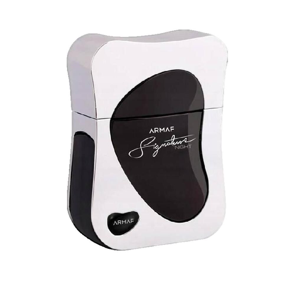 Flacon de parfum, blanc et noir, rectangulaire, arrondi. Lettrage et logo sur le flacon.