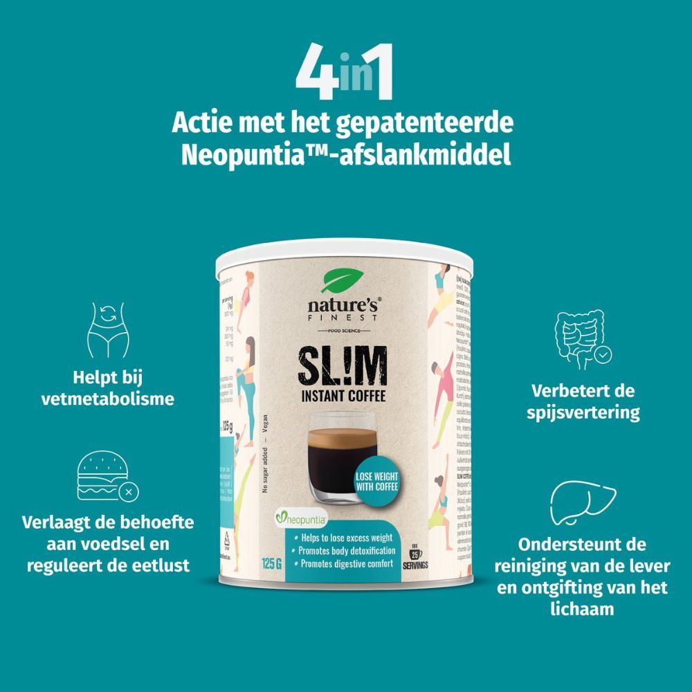 Blik Nature's Finest SL!M Instant Coffee. Met 4-in-1 werking. Illustraties van ingrediënten en effecten.